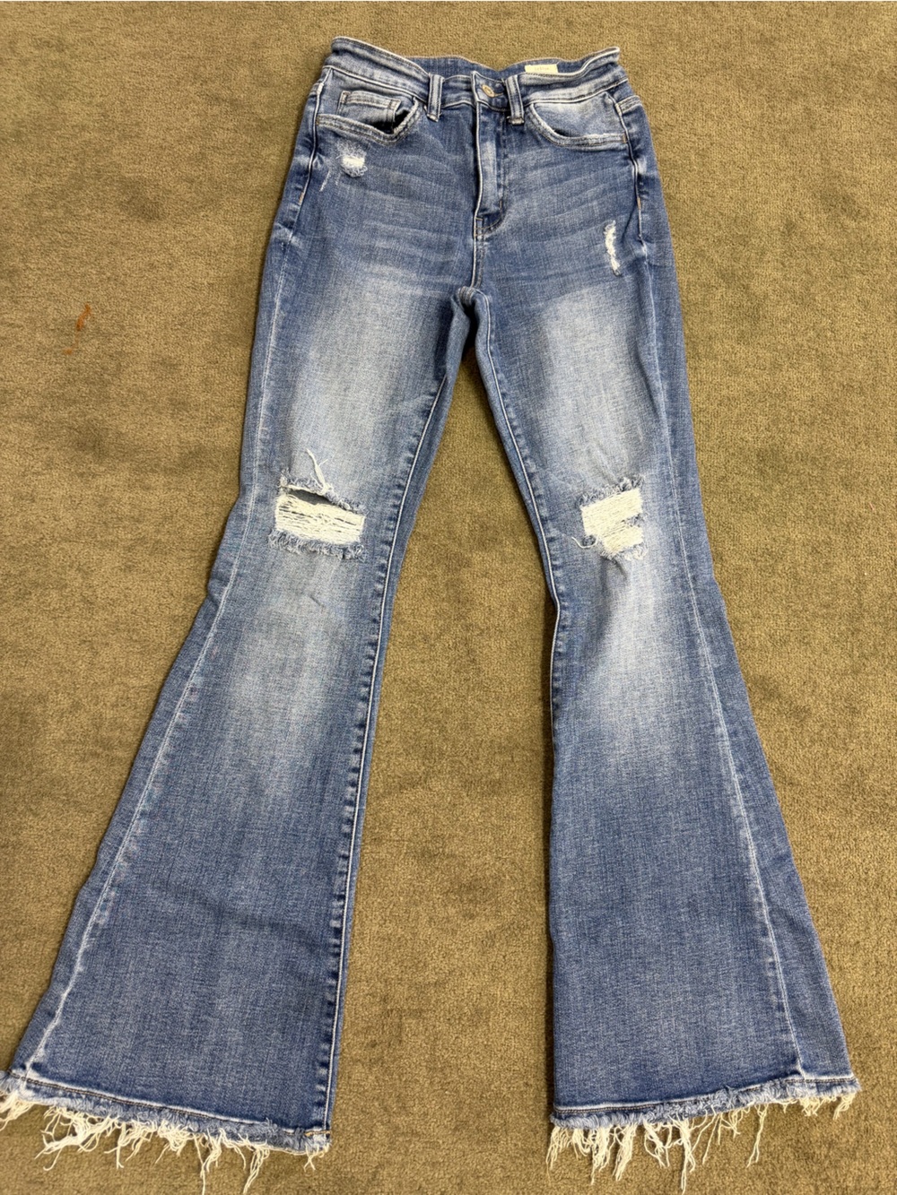 Bridge by Gly High Rise Flared Jeans Medium Wash Distressed Frayed Hem 26x30